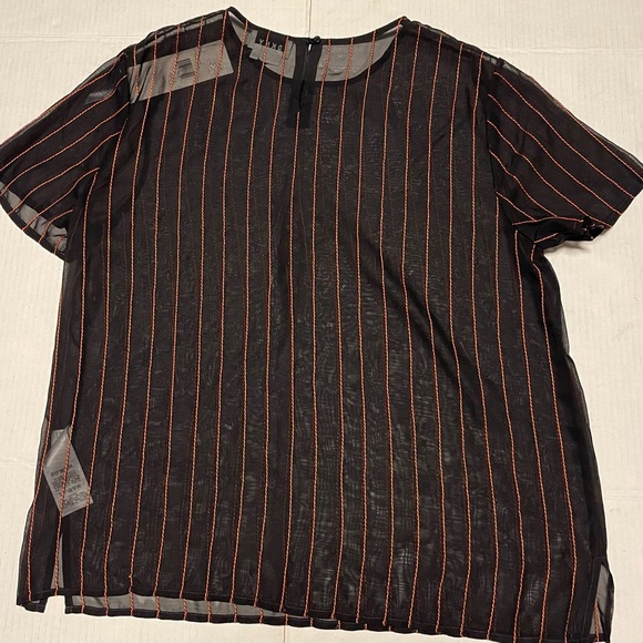 DKNY CHIFFON STRIPED BLOUSE WOMENS SHORT SLEVEE BLACK/ORANGE ROUND NECK SZ LARGE - Picture 10 of 14